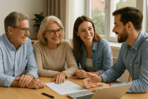 farming family — parents in their 60s with two adult children — sitting together around a farmhouse table, smiling and engaged in discussion about succession planning.